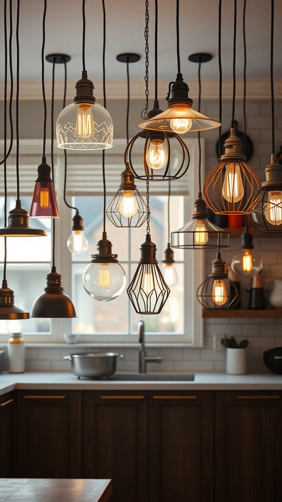 Various styles of pendant lights hanging above a kitchen island, showcasing a blend of vintage and modern designs.