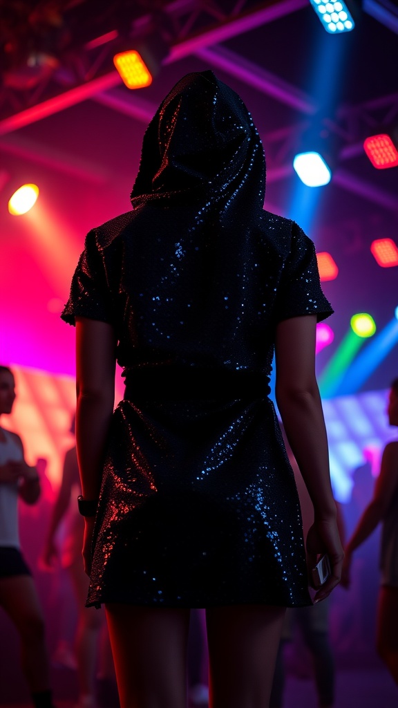 A person wearing a black sequin-studded outfit with a hood, standing in a rave atmosphere with colorful lights.