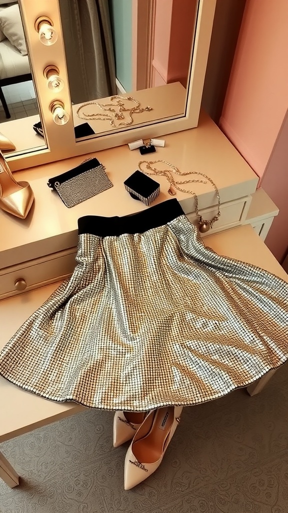 A sequined skirt laid out on a dressing table with accessories and heels.