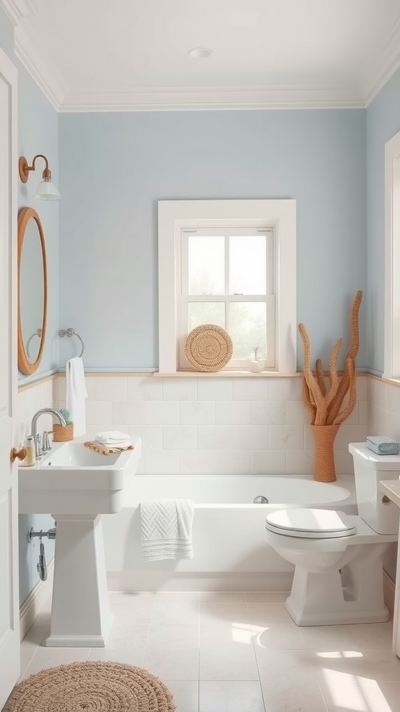 A serene bathroom with light blue walls, natural textures, and a coastal theme.