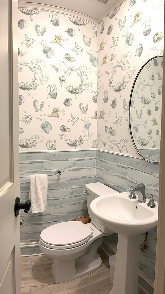 A guest bathroom with coastal-themed wallpaper featuring seashells and starfish, complemented by a round mirror and light-colored flooring.