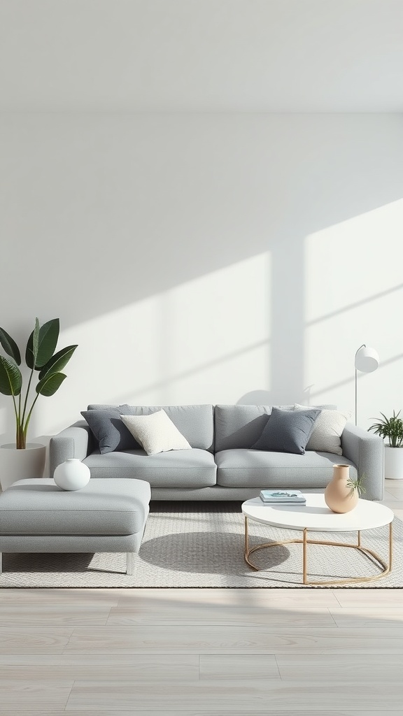 A serene living room featuring a light grey sofa, decorative pillows, a round coffee table, and green plants, all in a bright, airy space.