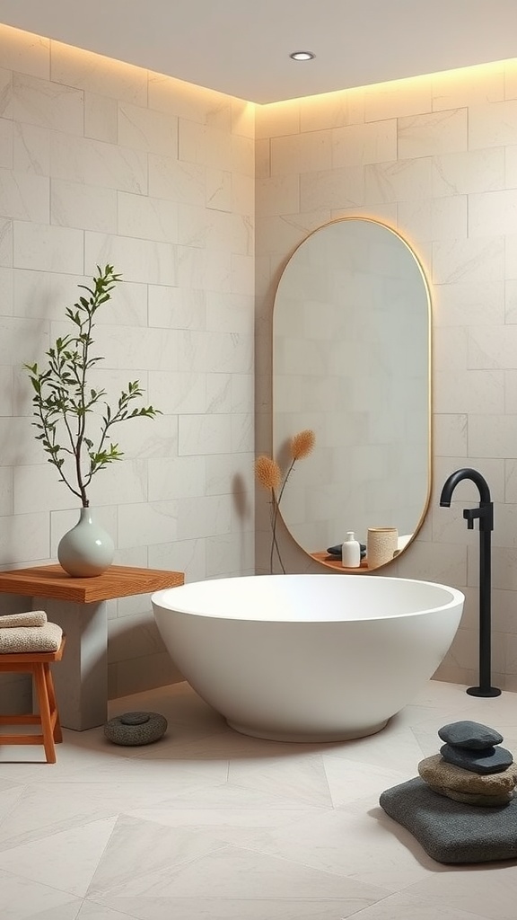 Minimalist bathroom with a round white bathtub, wooden accents, and natural decor