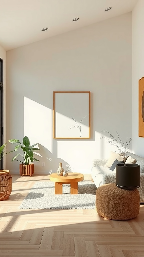 A modern living room with natural light, plants, and minimalist decor