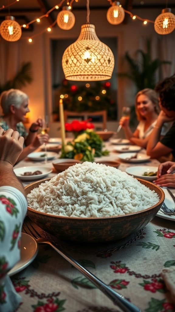 A bowl of fluffy coconut rice served at a festive gathering.