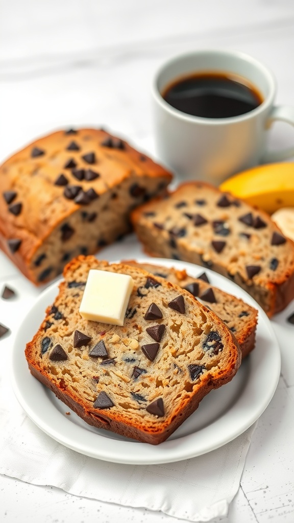 A plate of sliced chocolate chip banana bread with butter and a cup of coffee