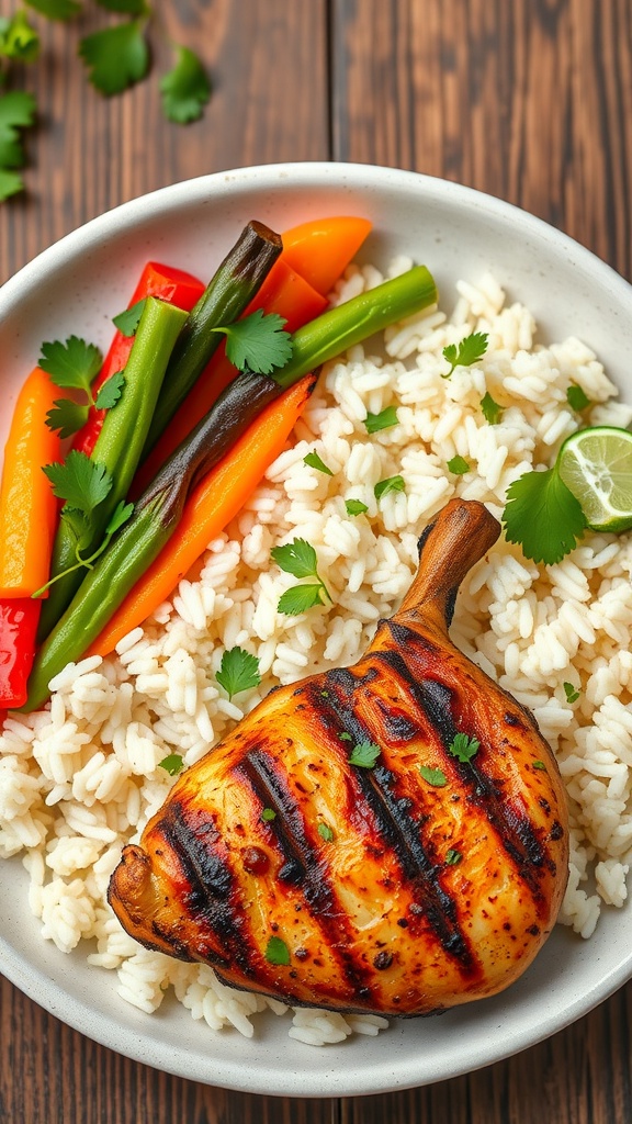 A plate of cilantro lime rice with grilled chicken and colorful vegetables