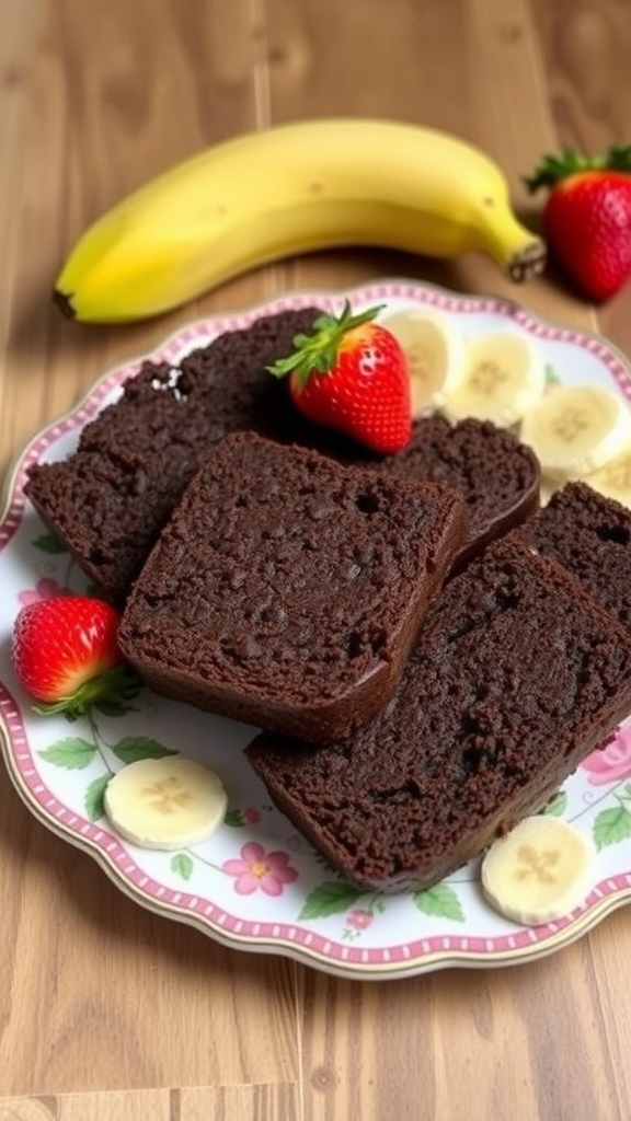 A plate of chocolate banana bread slices with fresh strawberries and banana slices.