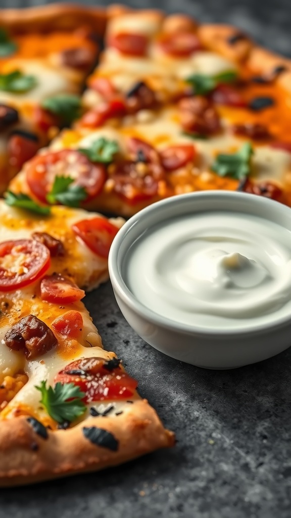 A delicious Mexican pizza topped with cheese, tomatoes, and cilantro, alongside a bowl of sour cream.