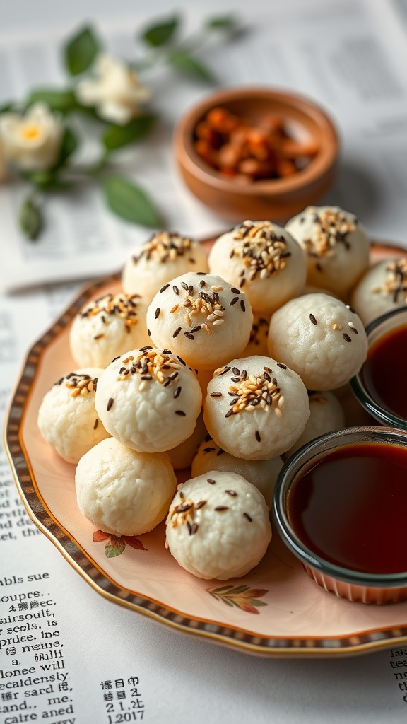 A plate of sesame seed sweet rice bites served with dipping sauce.