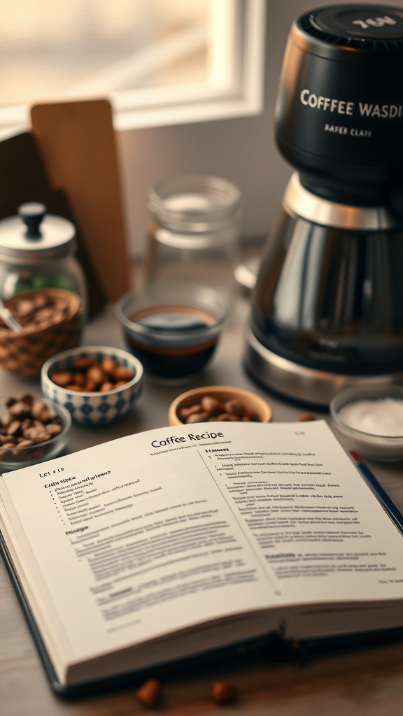 Image of a coffee station with a coffee maker, jars of ingredients, and an open coffee recipe book.