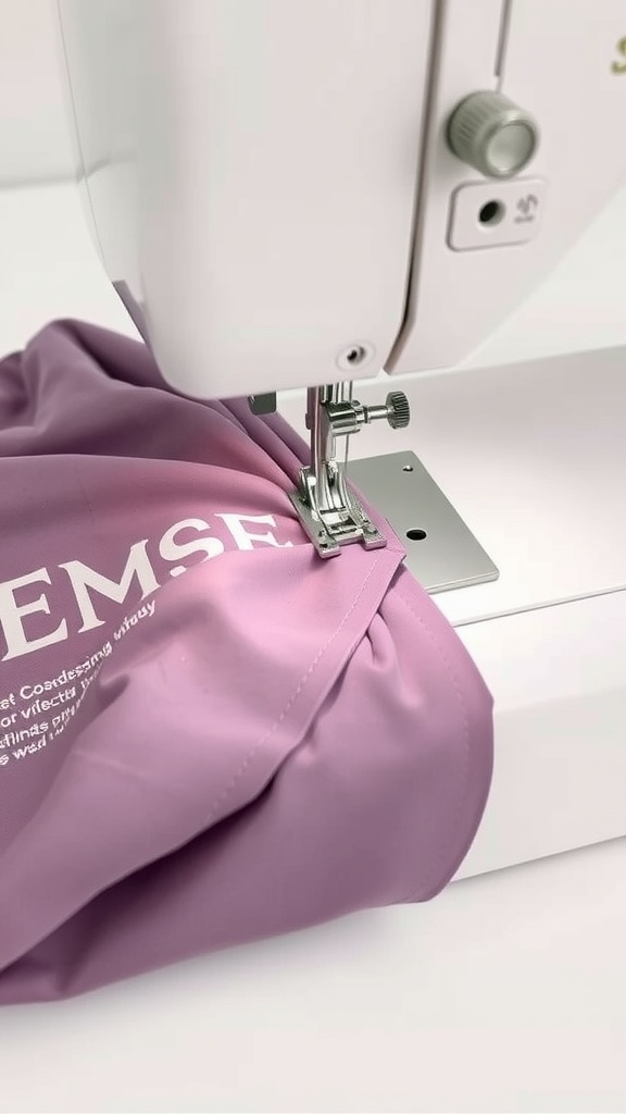 Sewing machine stitching a lavender wrap skirt fabric