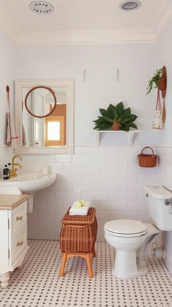 A vintage bathroom with white cabinetry, a wicker stool, and potted plants, creating a shabby chic look.