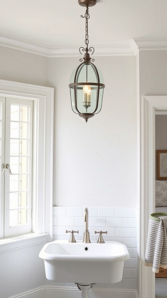 Shabby chic lantern light fixture in a vintage farmhouse bathroom.