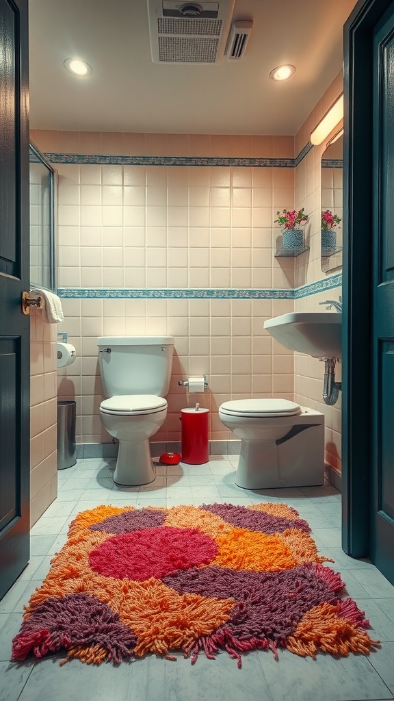A bathroom featuring a colorful shag rug with circles in bright colors.