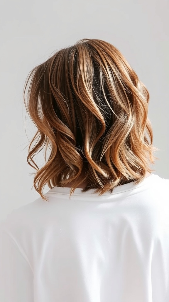 A back view of a person with shaggy curly lob hairstyle, featuring loose curls and warm tones.