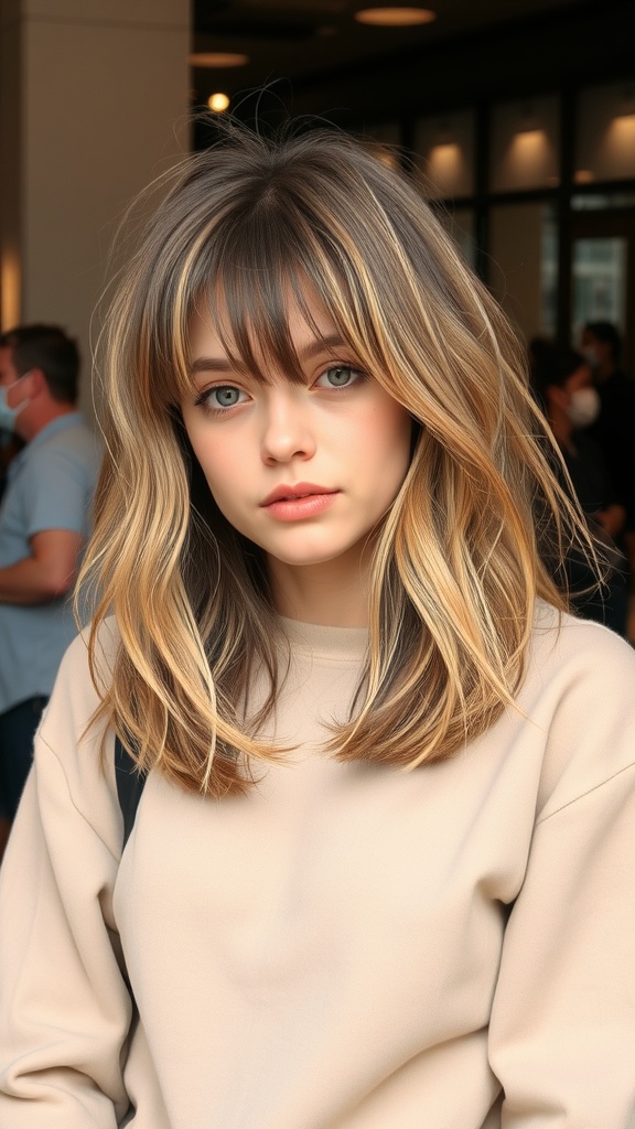 A woman with shaggy lob hairstyle and bangs, showcasing a stylish look.
