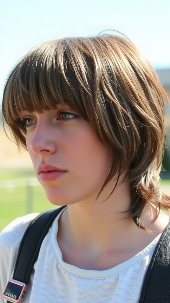 A young woman with a shaggy mullet hairstyle and fringe, showcasing layers and texture.