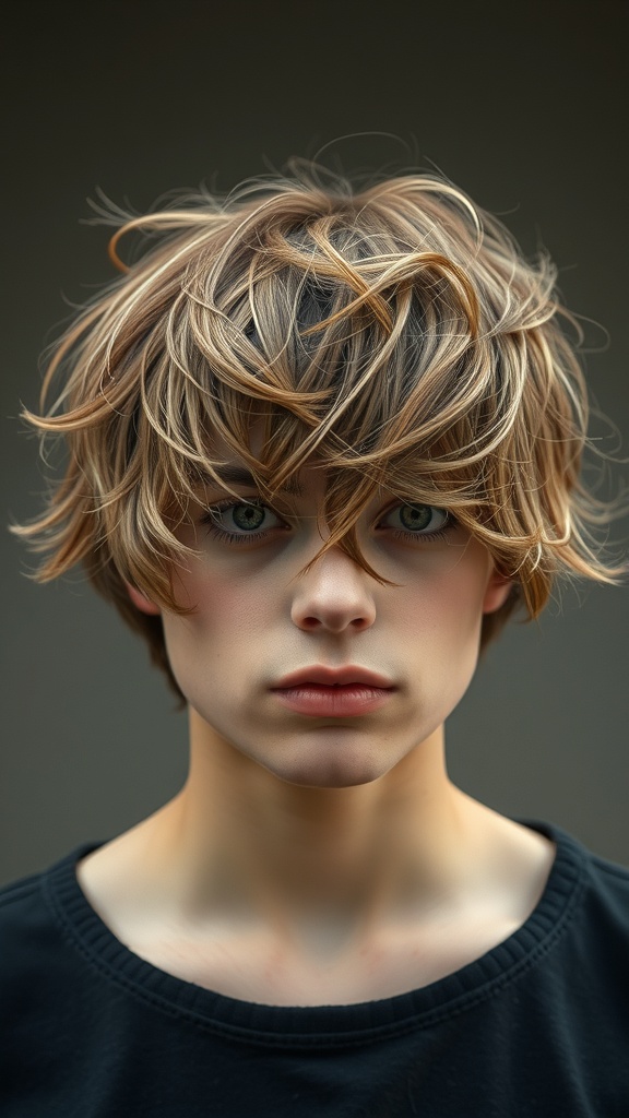 A person with a shaggy short haircut featuring soft waves, showcasing a youthful and dynamic style.