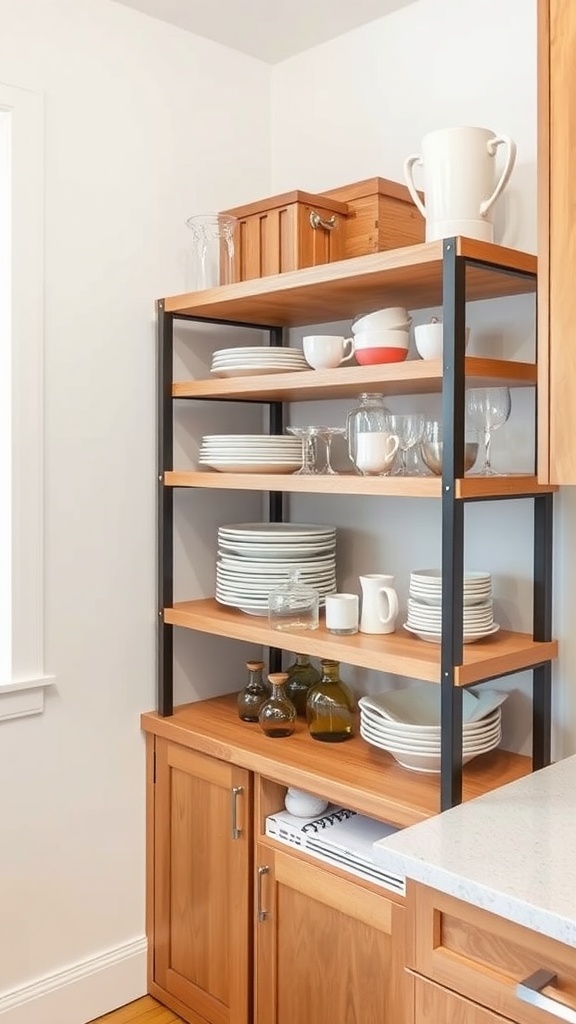 A well-organized kitchen shelf showcasing dishware and decorative items, utilizing height effectively with shelf risers.