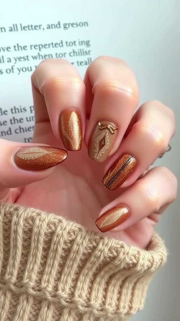 Close-up of beautifully manicured nails featuring shimmering bronze accents and a playful design.