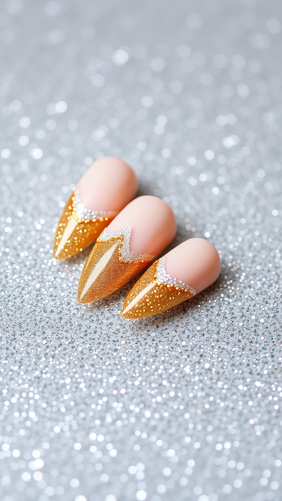 Nail design featuring a gold and white gradient with sparkling accents on a silver background.