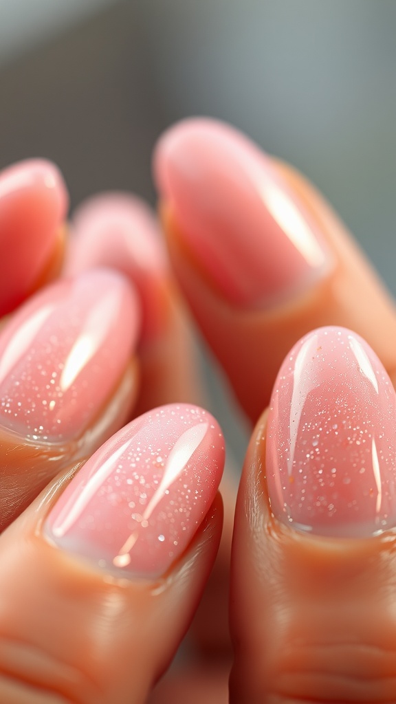 Close-up of shimmering light pink almond nails