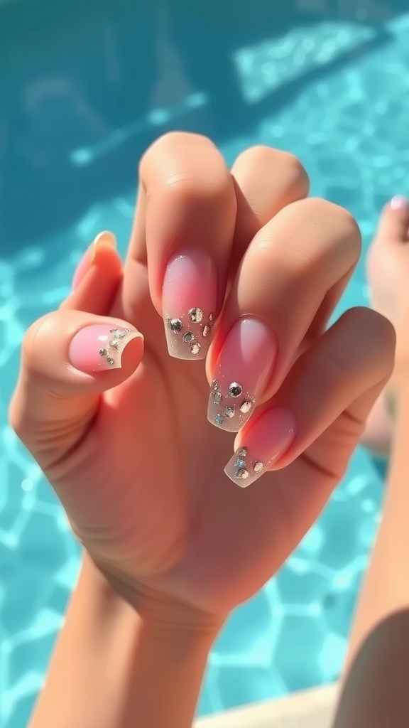 Close-up of beautifully manicured nails featuring a soft pink base with shimmering metallic silver accents and rhinestones