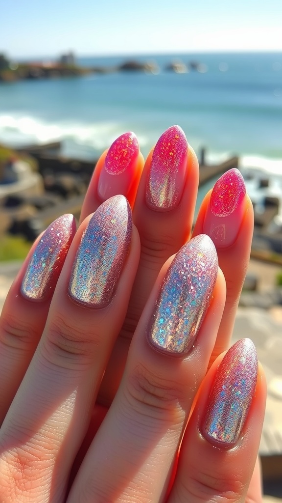 Close-up of almond-shaped nails with shimmering metallic finishes in pink and silver, set against a beach background.