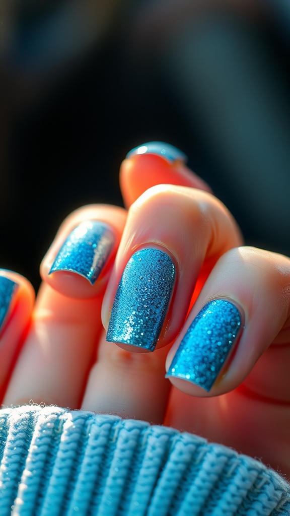 Close-up of hands with shimmering sky blue glitter nails