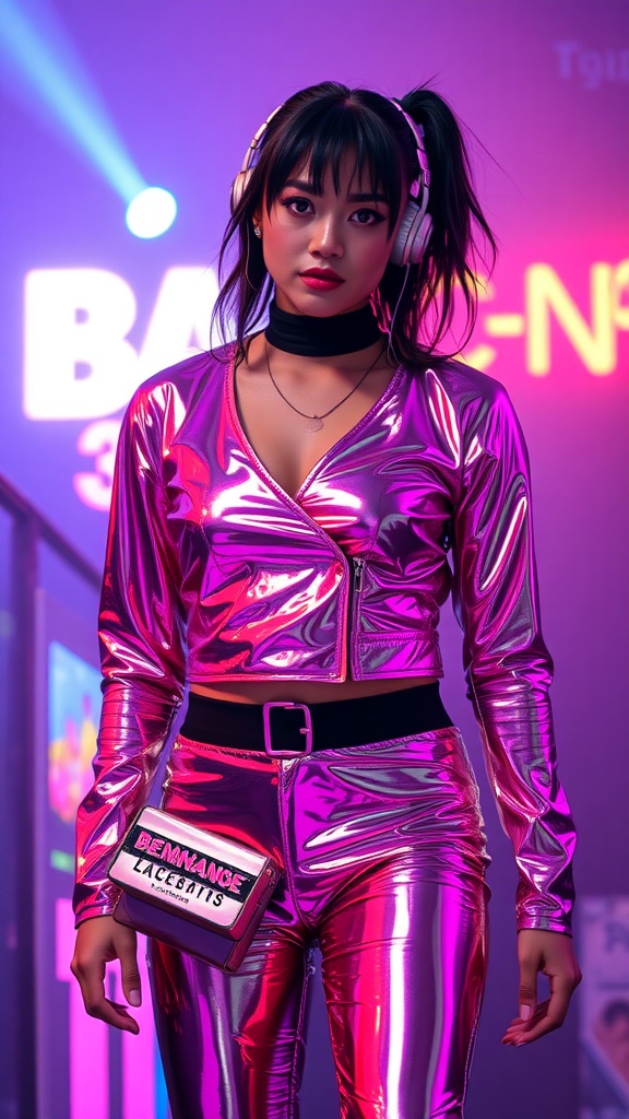 Model wearing a shiny pink metallic outfit with headphones in a club setting