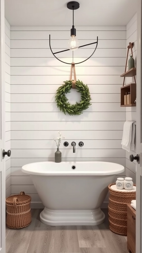 Modern farmhouse bathroom with shiplap wall accents, vintage bathtub, and minimal decor.