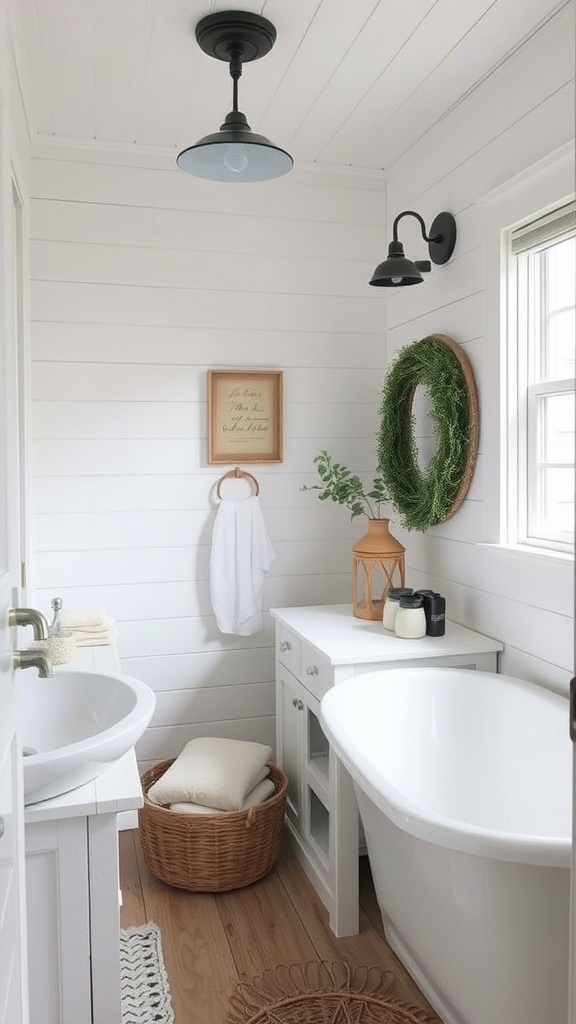 Rustic farmhouse bathroom with shiplap walls, a bathtub, and stylish decor.