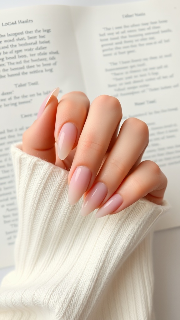 A close-up of short almond nails with a soft ombre effect, resting on a white sweater next to an open book.
