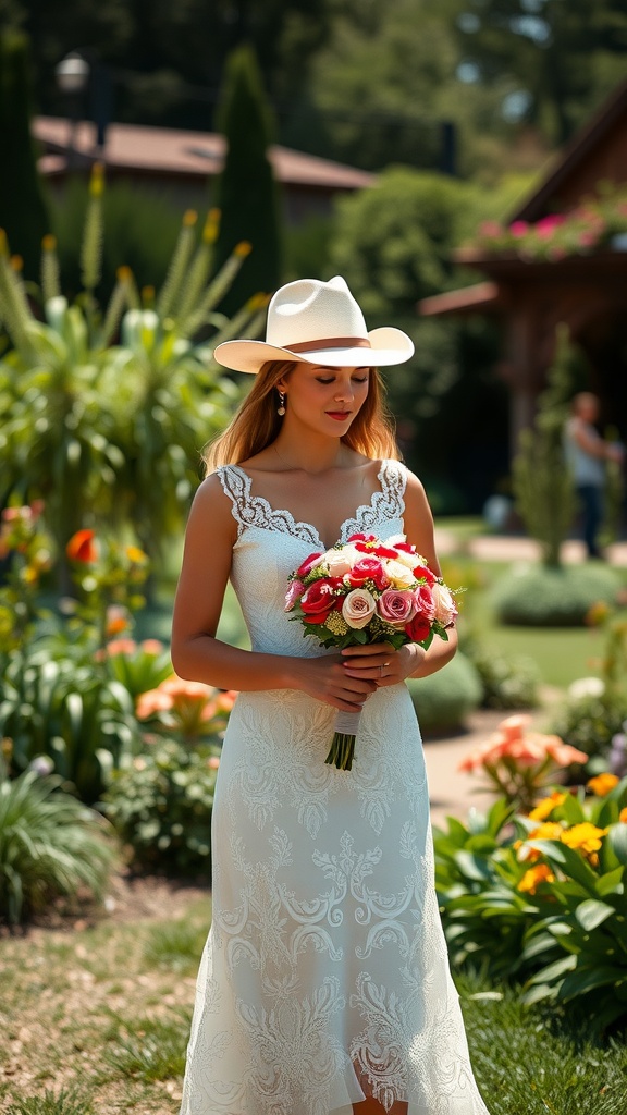 A bride in a short lace wedding dress holding a bouquet of roses and wearing a cowboy hat in a garden setting.