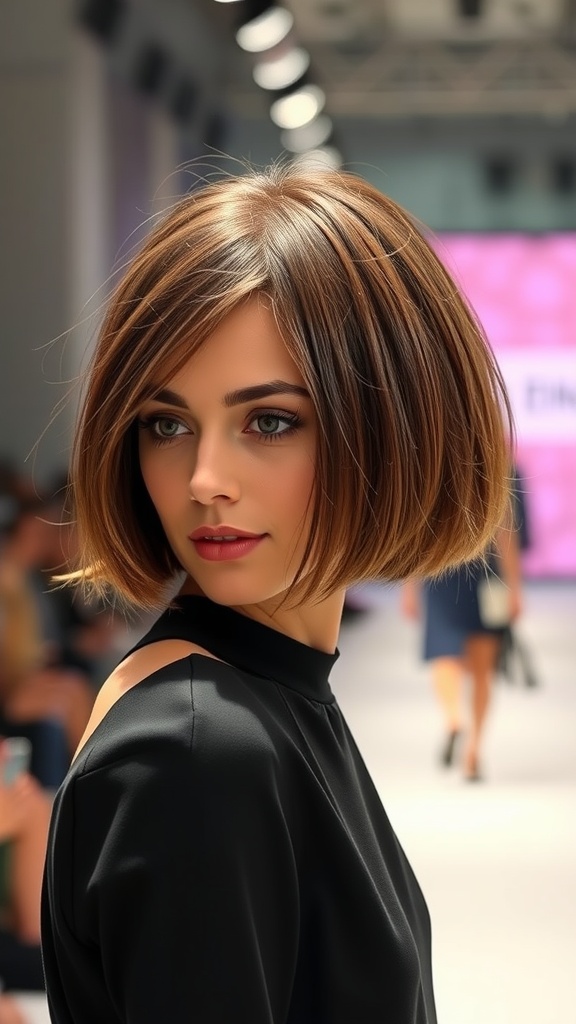 Model with short bob hairstyle featuring a tapered nape and multi-toned hair