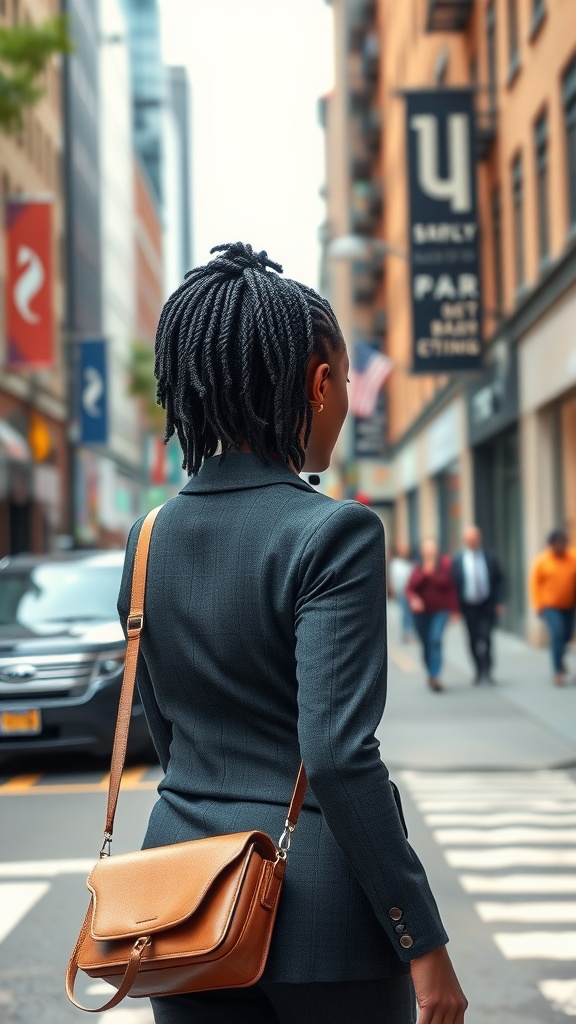 A woman with short braids wearing a professional outfit, walking in a city street.