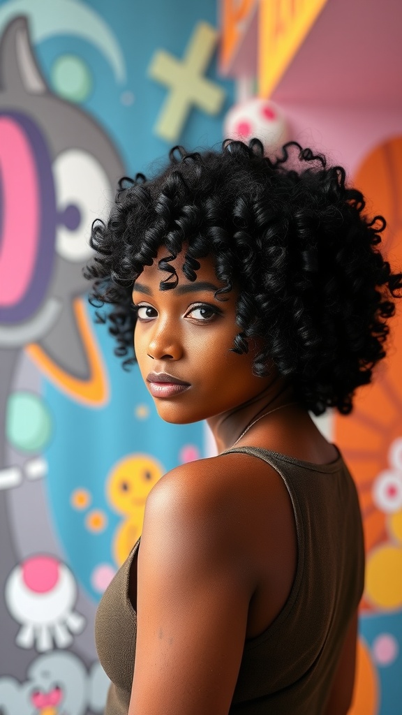 A person with a stylish short curly weave hairstyle, standing in front of a colorful background.