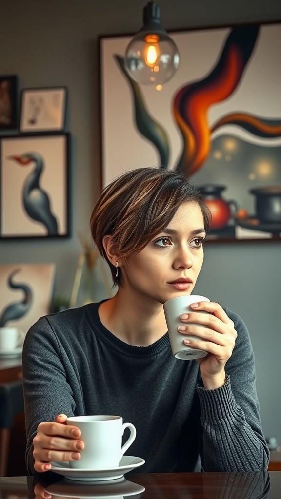 A woman with a short layered haircut holding a cup of coffee, seated in a stylish interior.