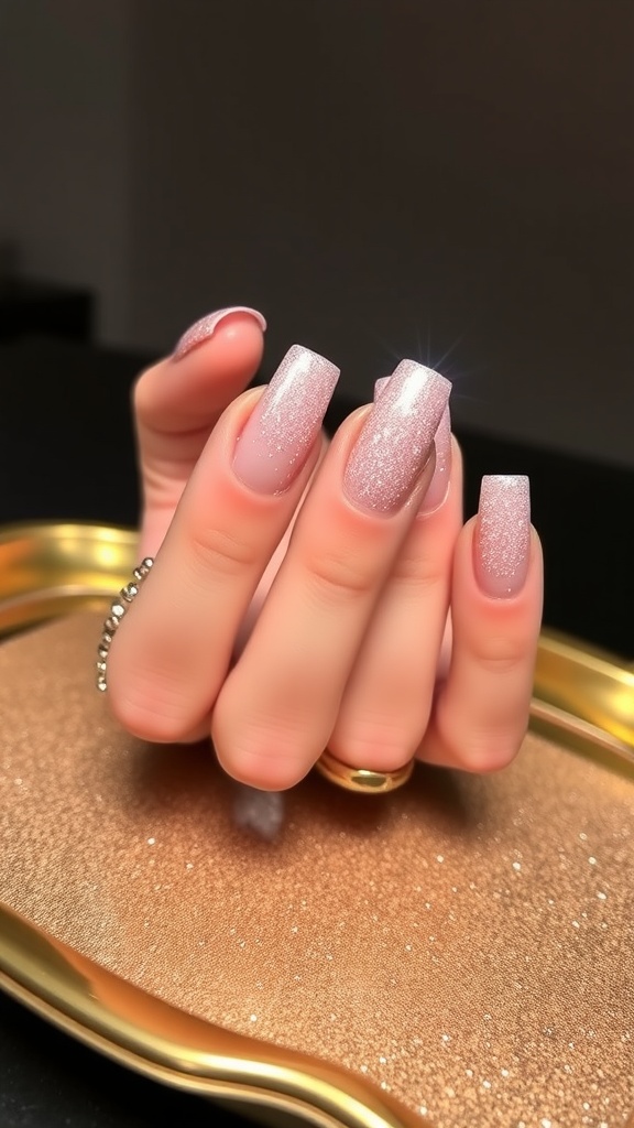 Close-up of short light pink chrome nails with glitter tips, displayed on a golden tray.
