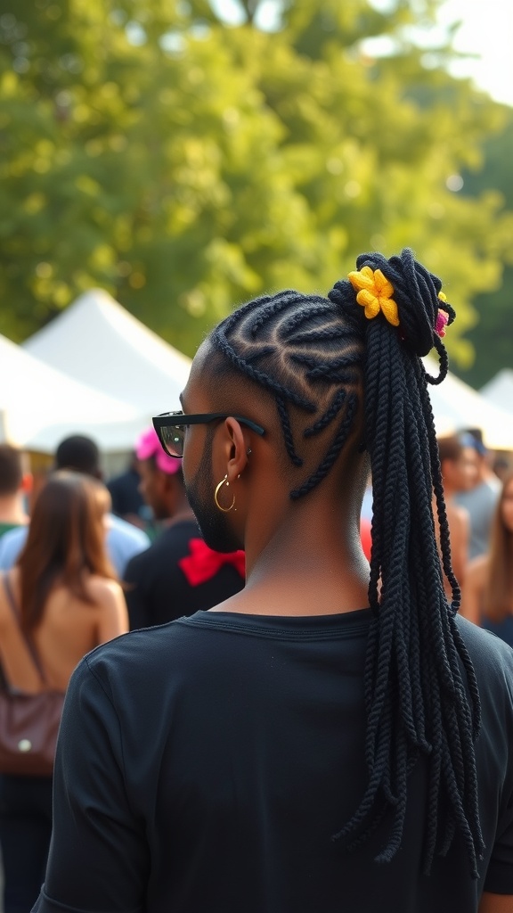 A person with short locs styled with colorful flowers, standing in a crowd.