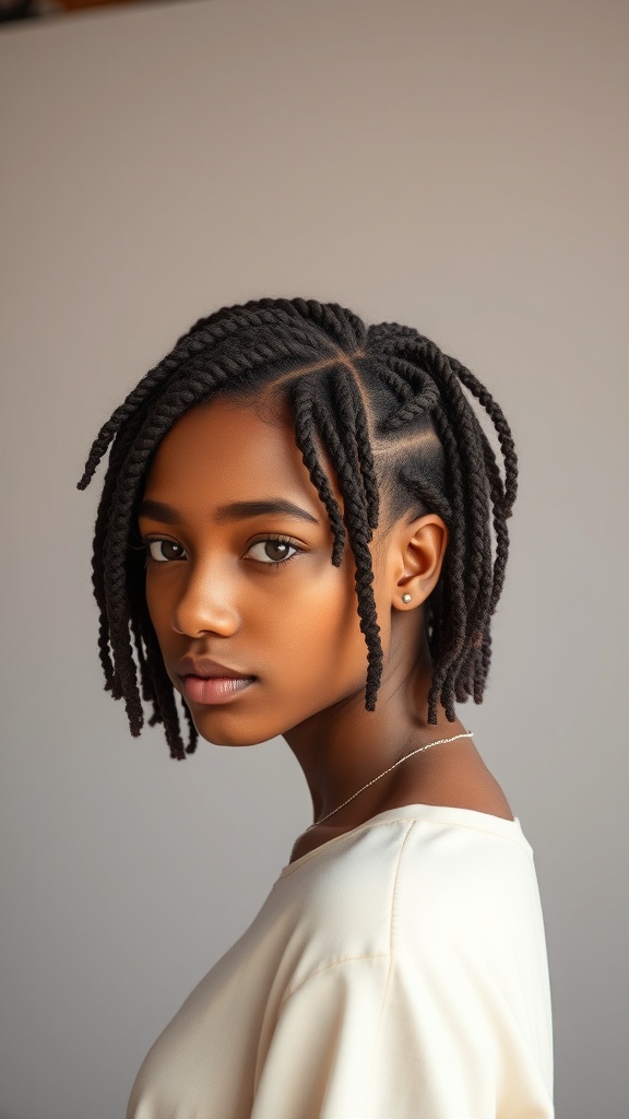 A young woman with short locs styled in a side part, showcasing a chic and elegant look.