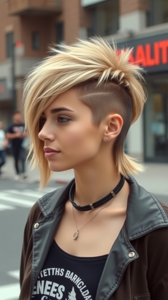 A woman with a short mullet hairstyle featuring an edgy undercut, styled with volume on top and a sleek finish on the sides.