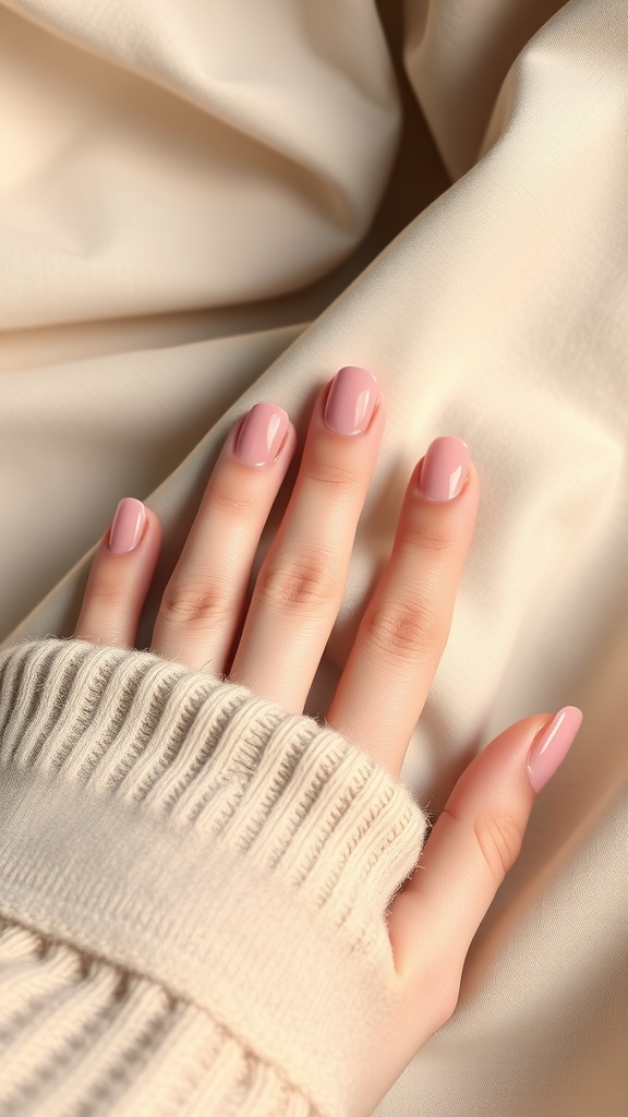 Close-up of short nude pink chrome nails on a hand resting on a beige fabric