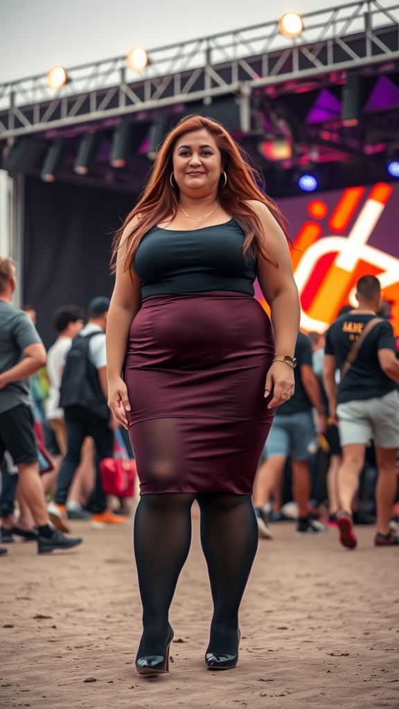 A confident plus-size woman wearing a maroon short skirt and opaque tights at an outdoor event.