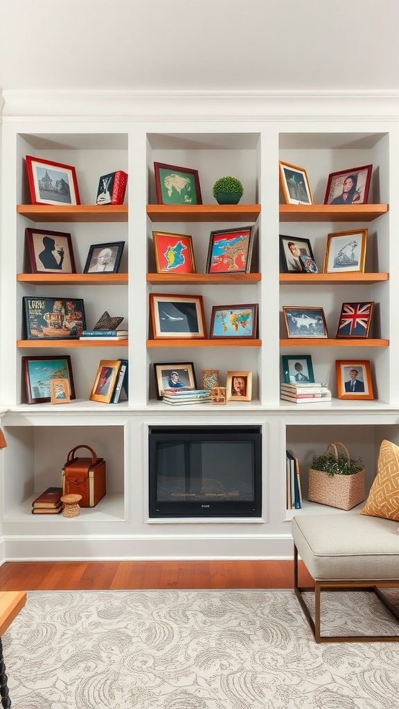 A living room with built-in shelves showcasing personal collections including framed photos, books, and decorative items.