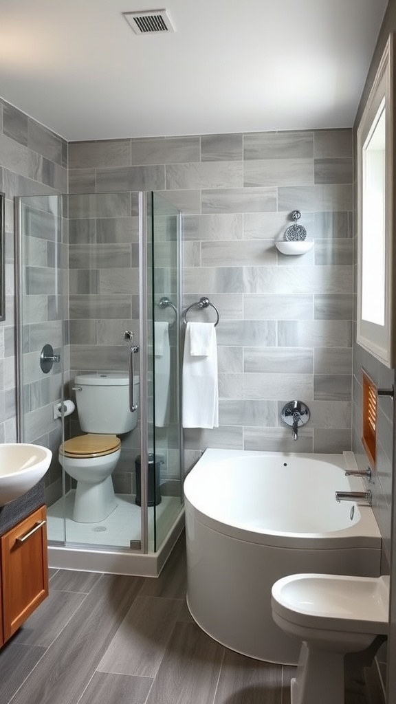 A well-designed Jack and Jill bathroom featuring a shower, a cozy corner tub, and modern fixtures.