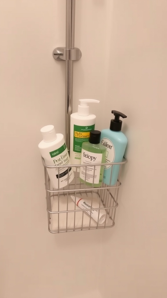 A metal shower caddy holding various bottles of shampoo, conditioner, and body wash.
