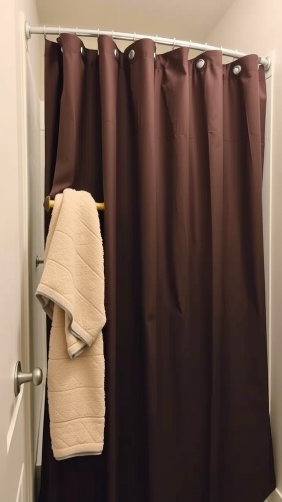 A towel hanging from a wooden rod attached to a dark shower curtain in a bathroom.