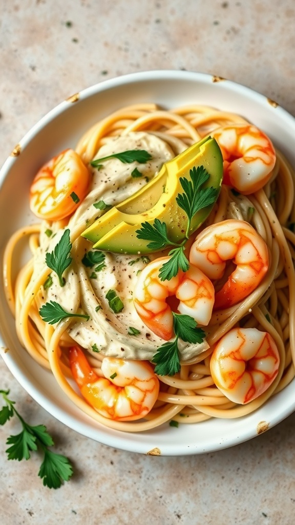 Shrimp and Avocado Cream Pasta served with garnishes